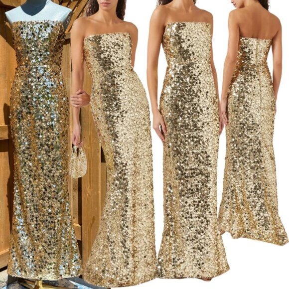 🆕 BRONX & BANCO 🧿 NWOT Farah Strapless Sequins Gown, Gold, Sz S US 4 - Picture 1 of 15